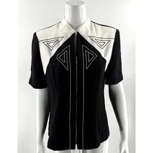 VTG DJ Summers Top Size 14 Petite Black White Embroidered Zip Up Jacket Womens